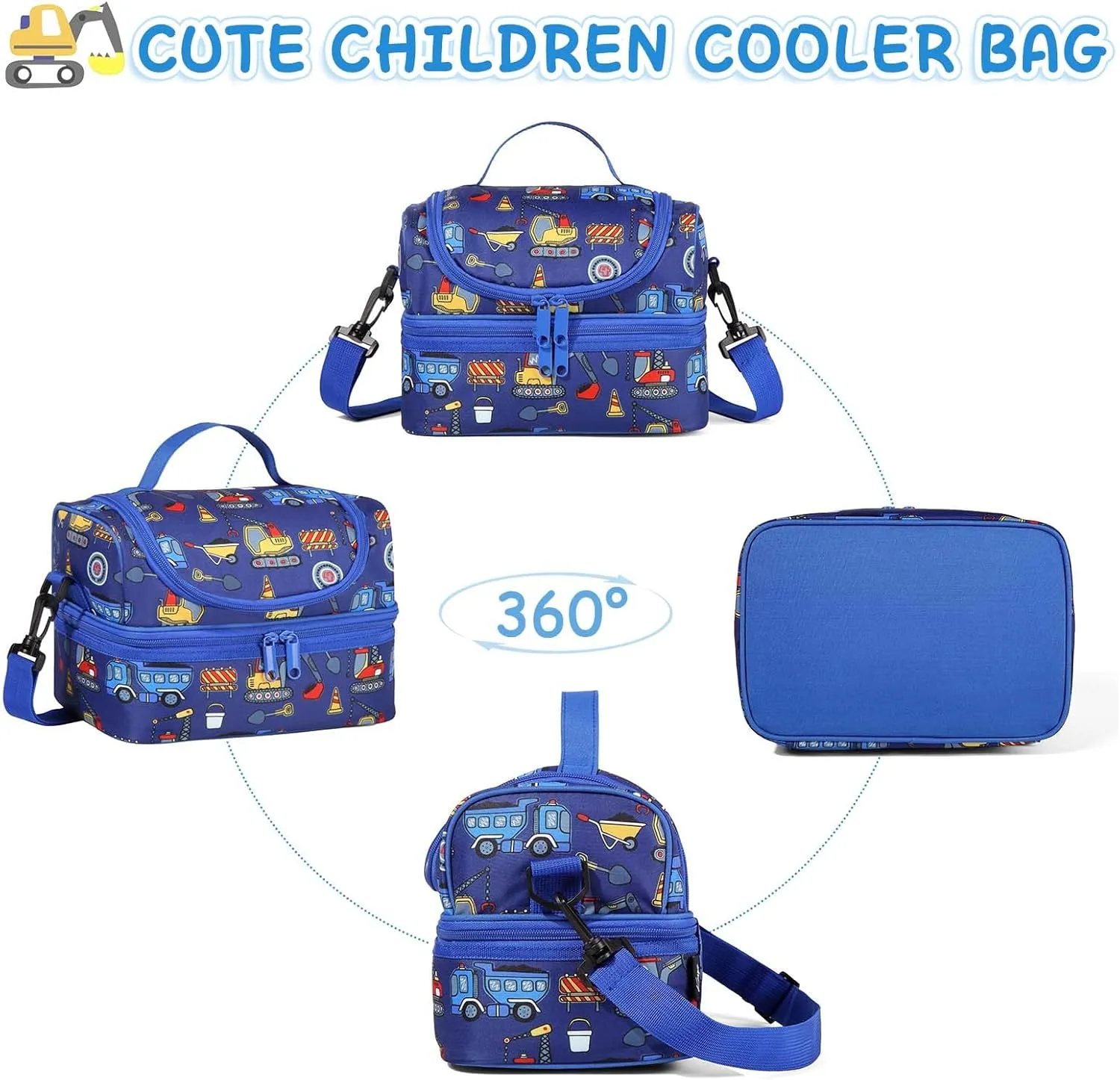 Kasqo Lunch Box Bag for Boys, Insulated Reusable Dual Decker Compartments Cooler Bag for Kids/School/Picnic/Travel Construction Vehicles