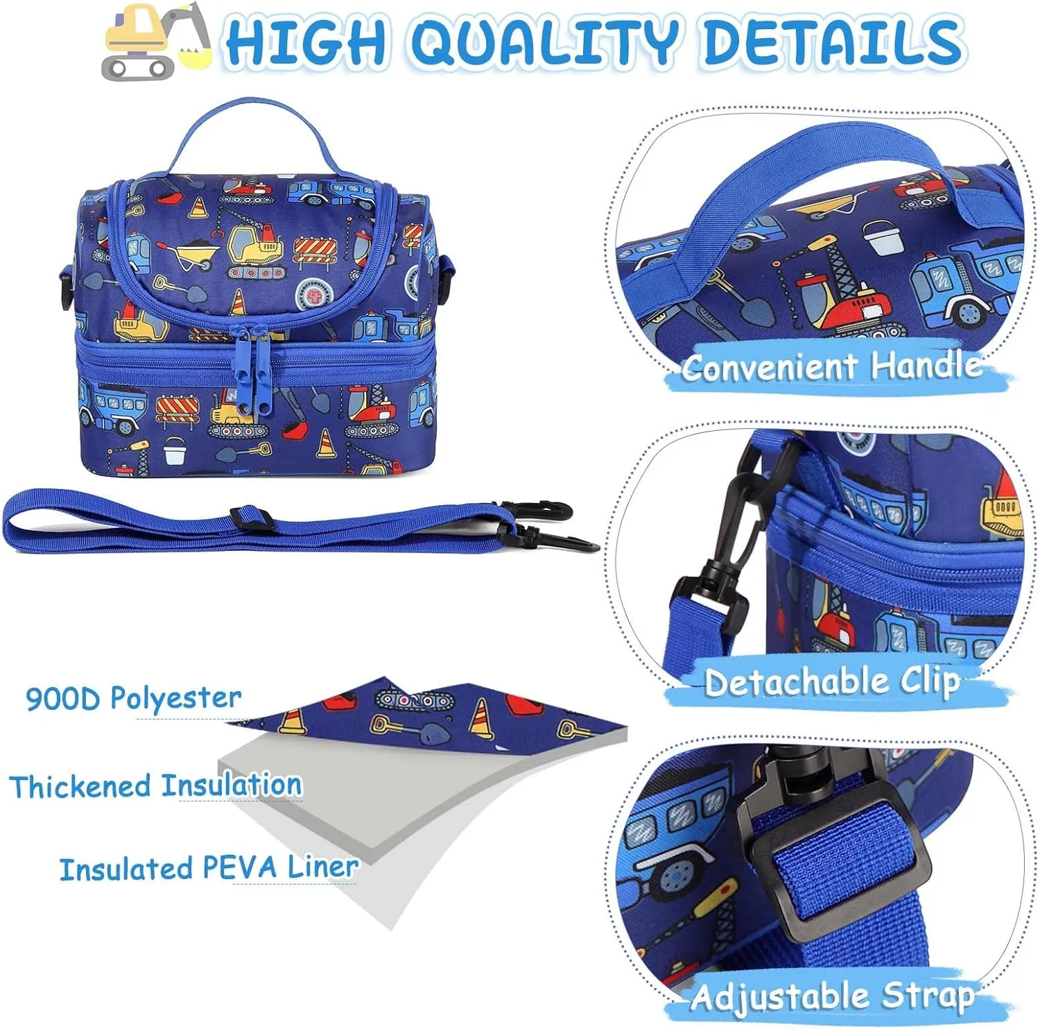 Kasqo Lunch Box Bag for Boys, Insulated Reusable Dual Decker Compartments Cooler Bag for Kids/School/Picnic/Travel Construction Vehicles