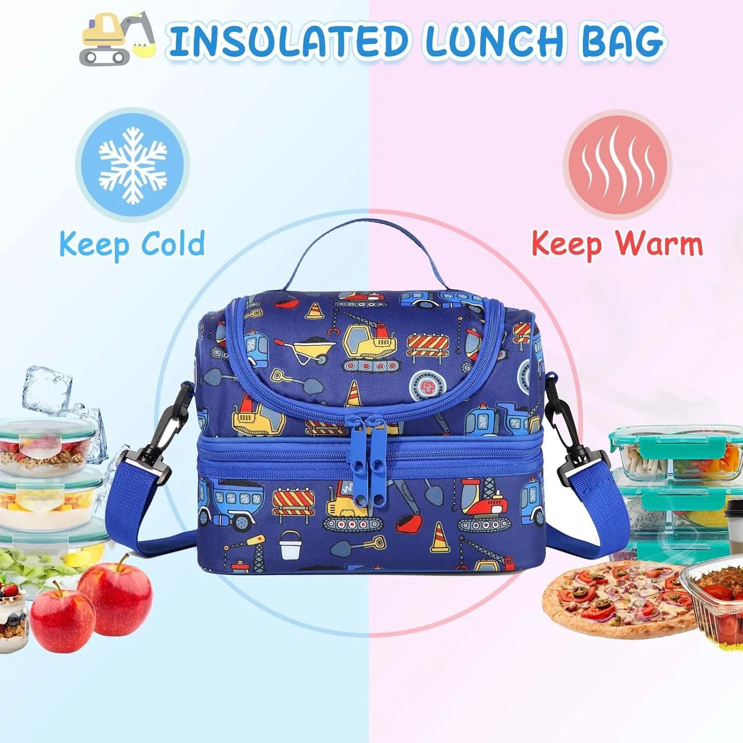 Kasqo Lunch Box Bag for Boys, Insulated Reusable Dual Decker Compartments Cooler Bag for Kids/School/Picnic/Travel Construction Vehicles