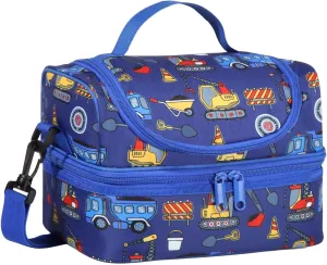 Kasqo Lunch Box Bag for Boys, Insulated Reusable Dual Decker Compartments Cooler Bag for Kids/School/Picnic/Travel Construction Vehicles