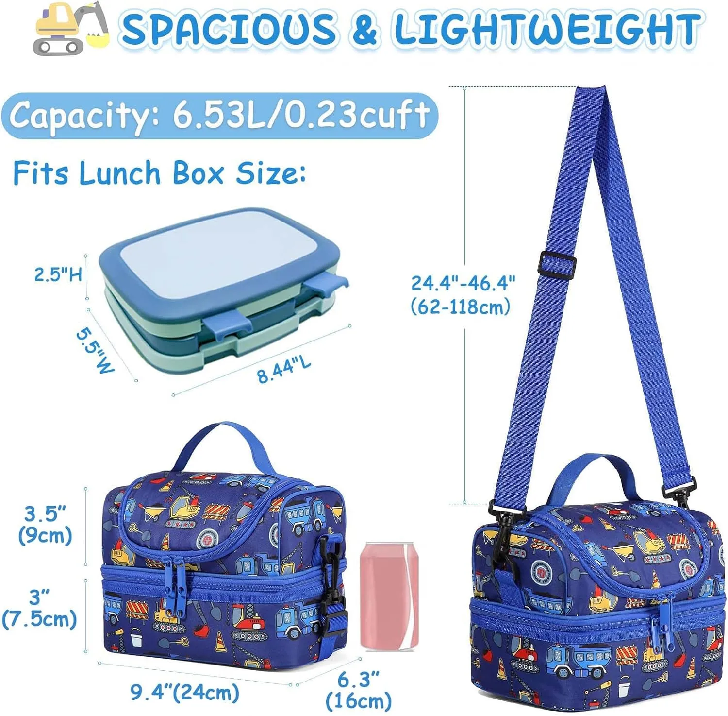 Kasqo Lunch Box Bag for Boys, Insulated Reusable Dual Decker Compartments Cooler Bag for Kids/School/Picnic/Travel Construction Vehicles