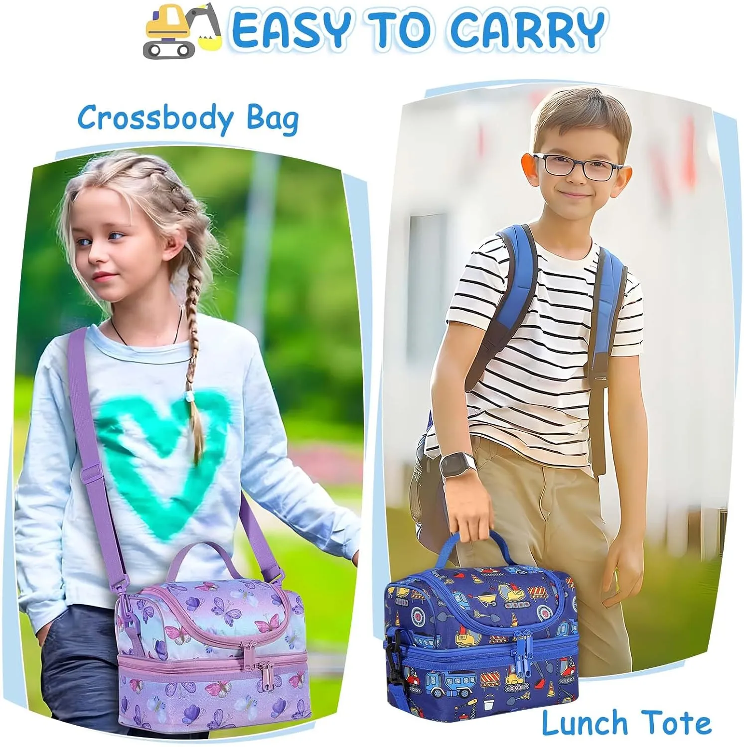 Kasqo Lunch Box Bag for Boys, Insulated Reusable Dual Decker Compartments Cooler Bag for Kids/School/Picnic/Travel Construction Vehicles