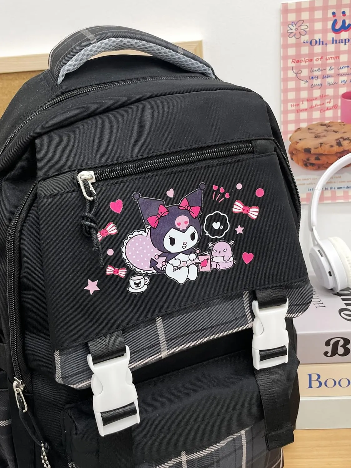 Kawaii Backpack for Girls Boys, Cute Backpack Kawaii School Supplies Purse Aesthetic Bookbag for Hiking Travel School Bag (Black)