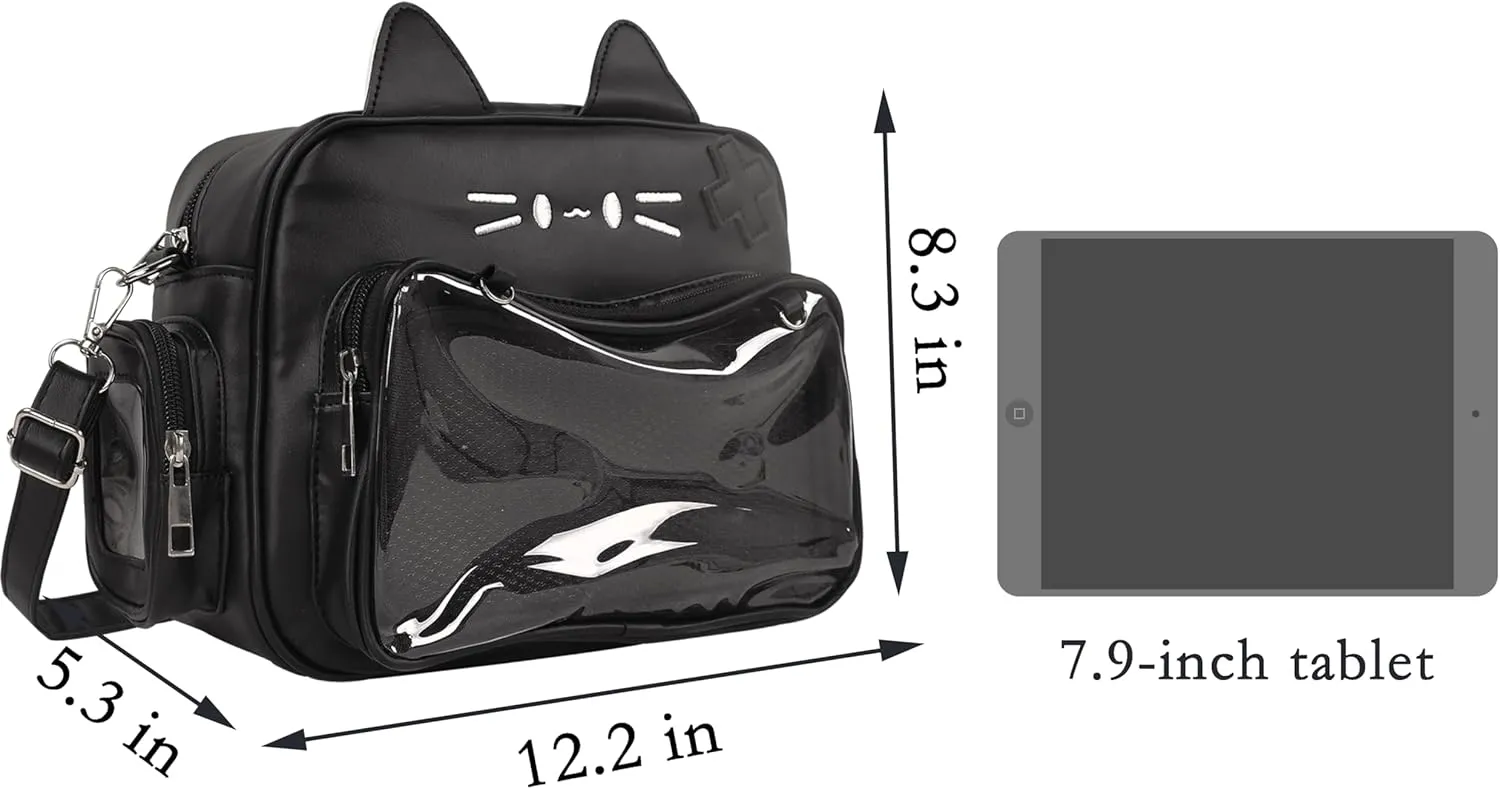 Kawaii Ita Bag Cat Backpack Y2k Girl Japanese School Bag Anime Shoulder Crossbody with Pin Display (Black)