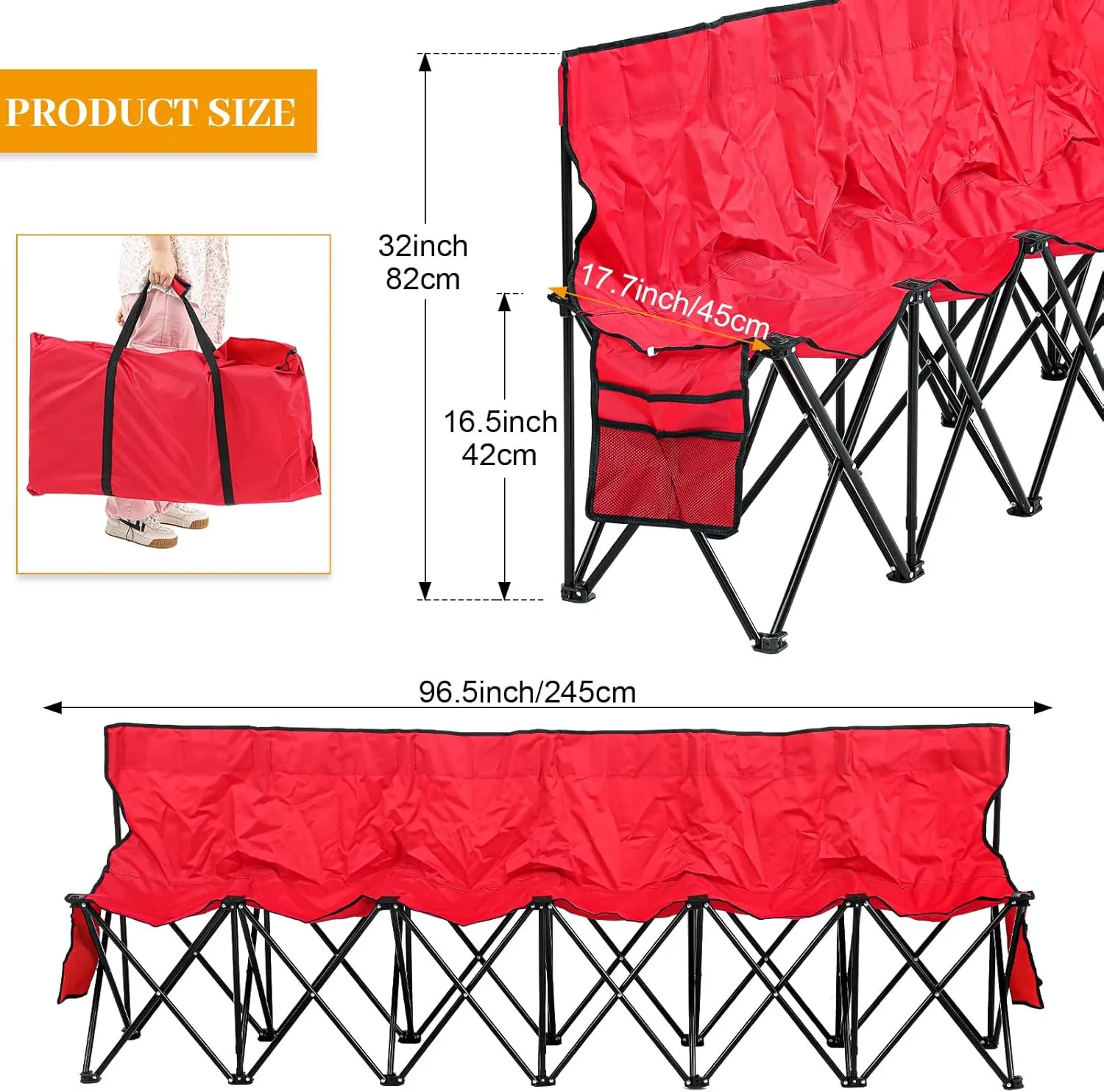 Kigley 6 Seats Folding Soccer Bench Chair Portable Team Sports Sideline Bench for Football Camp Travel Events Outdoor Seating with Storage Bag