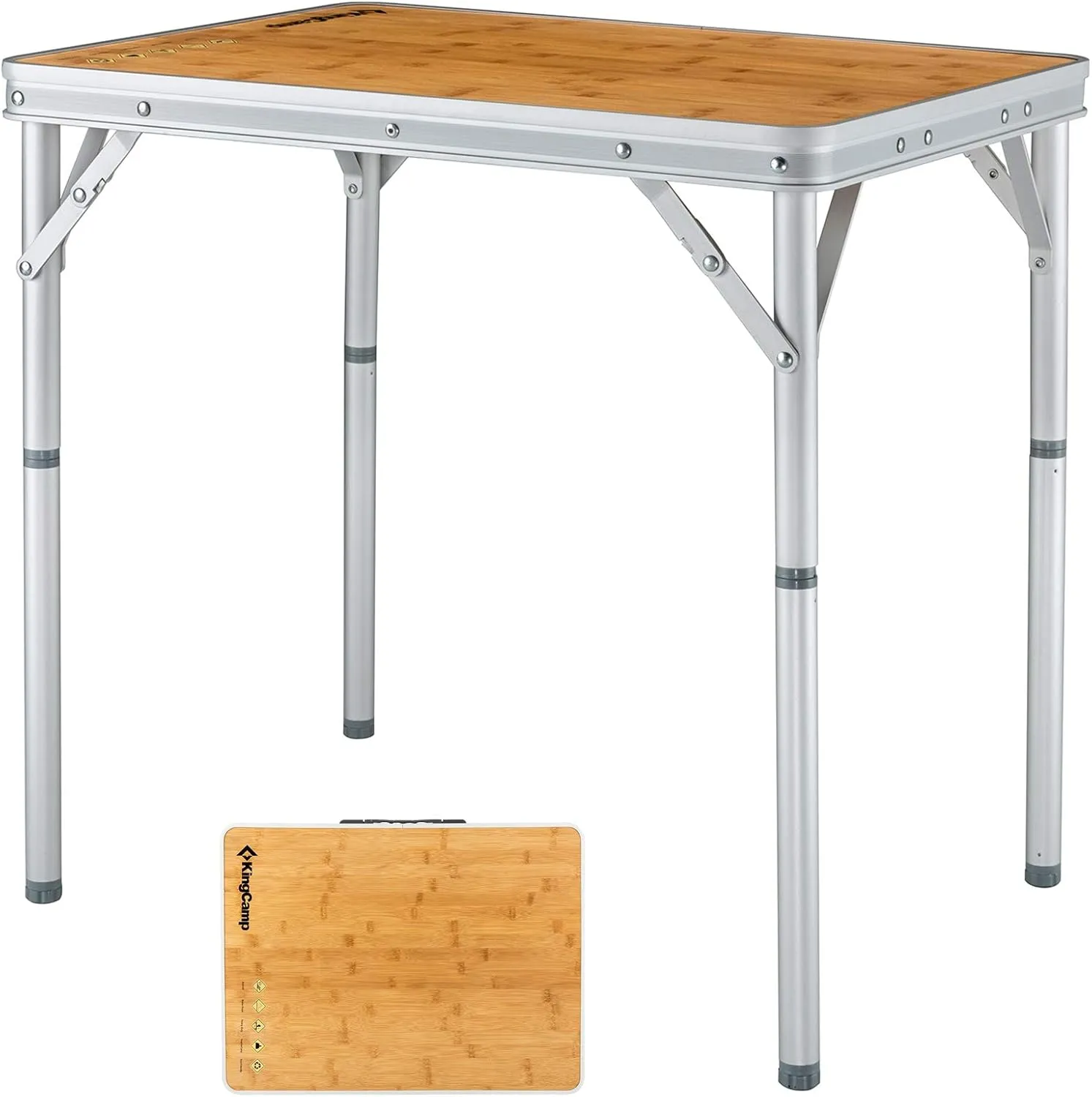 KingCamp Adjustable Height Folding Table, Bamboo Camping Outdoor Portable RV Camp Table with Carry Handle & Leg Storage for Outdoor Car Backyard Picnic Tailgating Beach