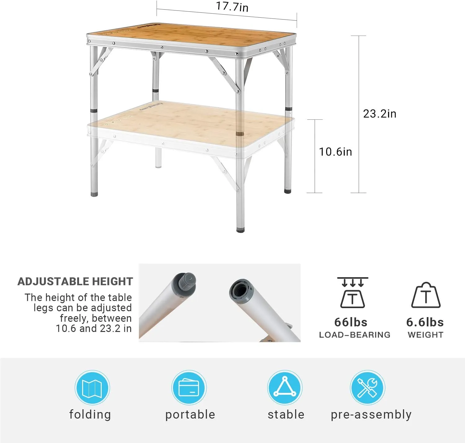 KingCamp Adjustable Height Folding Table, Bamboo Camping Outdoor Portable RV Camp Table with Carry Handle & Leg Storage for Outdoor Car Backyard Picnic Tailgating Beach