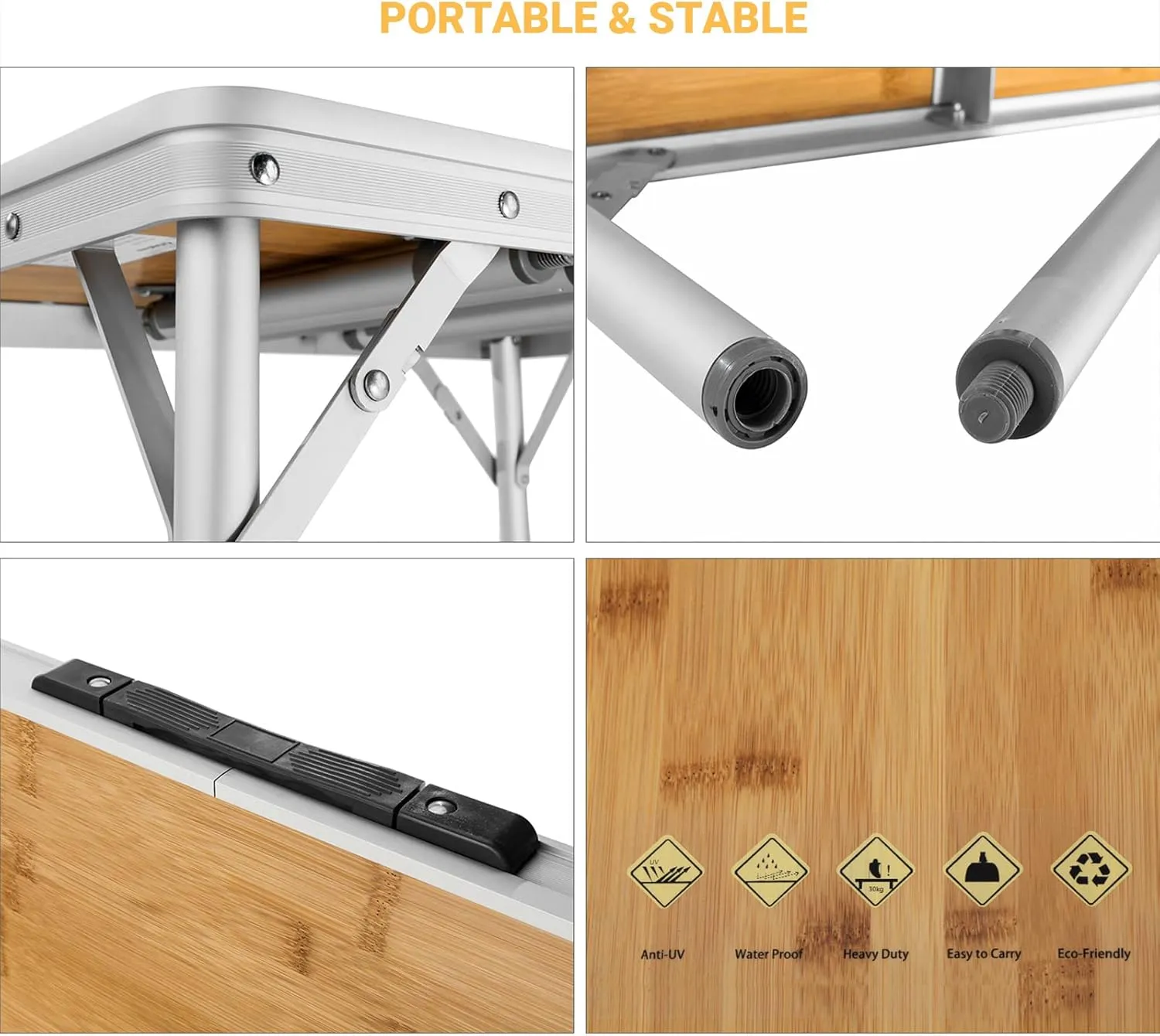 KingCamp Adjustable Height Folding Table, Bamboo Camping Outdoor Portable RV Camp Table with Carry Handle & Leg Storage for Outdoor Car Backyard Picnic Tailgating Beach