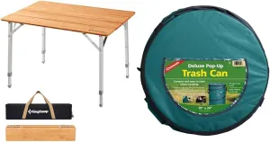 KingCamp Bamboo Folding Table and Coghlan's 29.5 Gallon Collapsible Camping Trash Can Bundle
