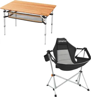 KingCamp Bamboo Folding Table with Storage Mesh Layer & Hammock Camping Chair Aluminum Alloy Adjustable Back Swinging Chair,