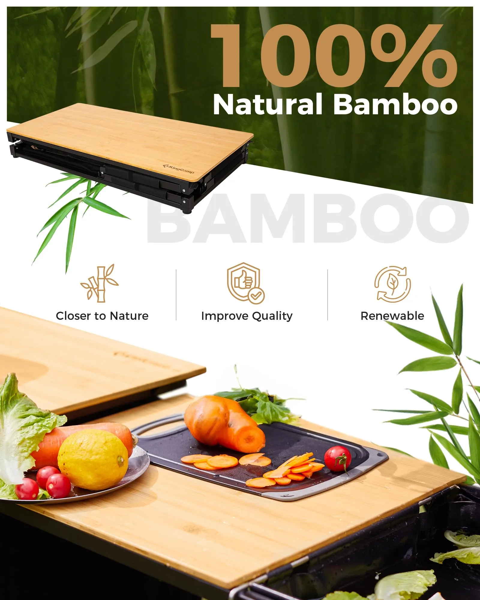 KingCamp Camping Kitchen Table – Portable Grill Station with Bamboo Top