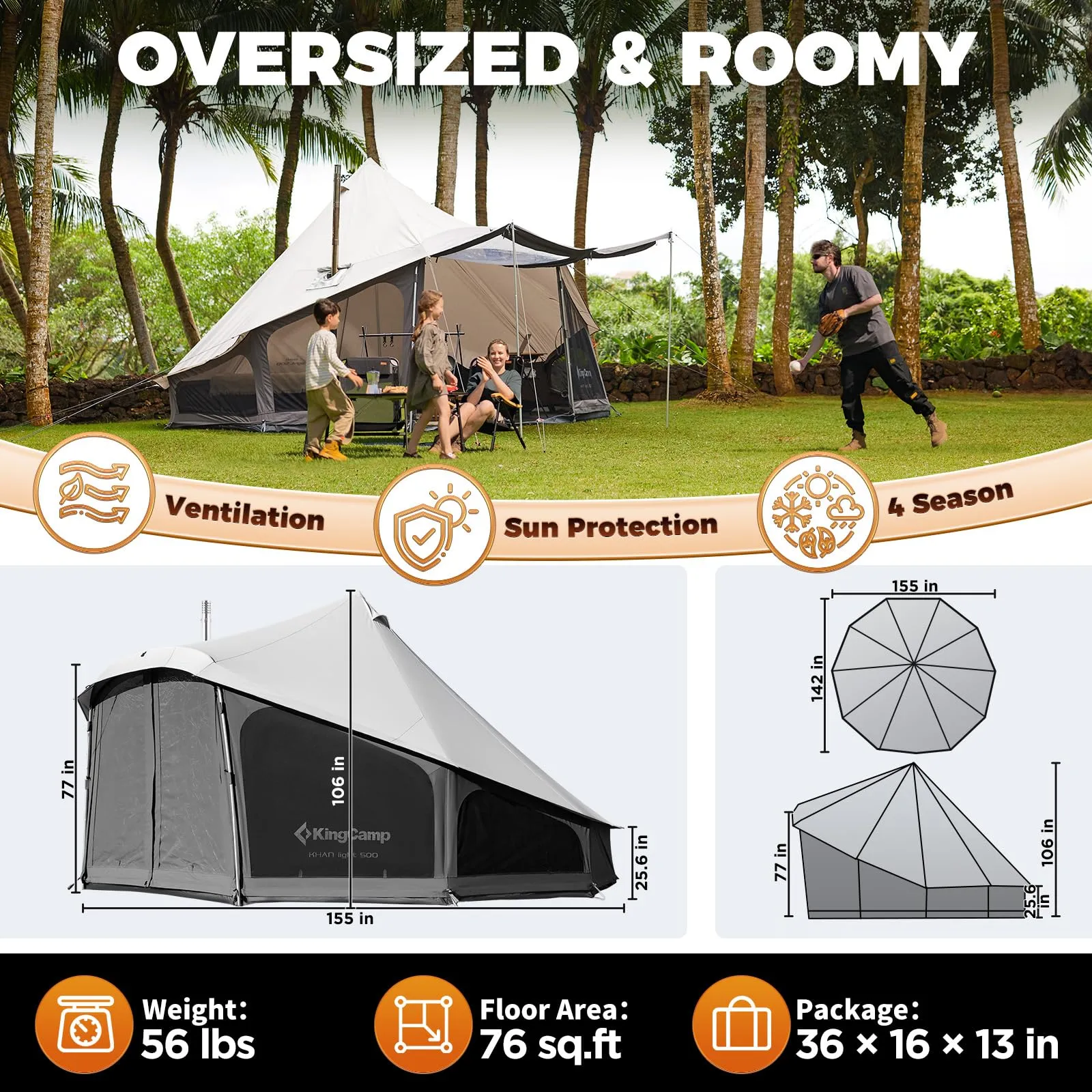 KingCamp KHAN LIGHT 400 Canvas Bell Tent For 4-6 Person