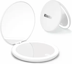 Kintion Travel Mirror with Light, 1X/10X Magnification Compact Mirror, 4" Rechargeable LED Purse Mirror, Dimmable 3 Color Temperature, Portable Lighted Pocket Mirror, White