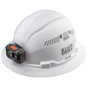 Klein Tools Hard Hat, Vented, Full Brim with Rechargeable Headlamp, White