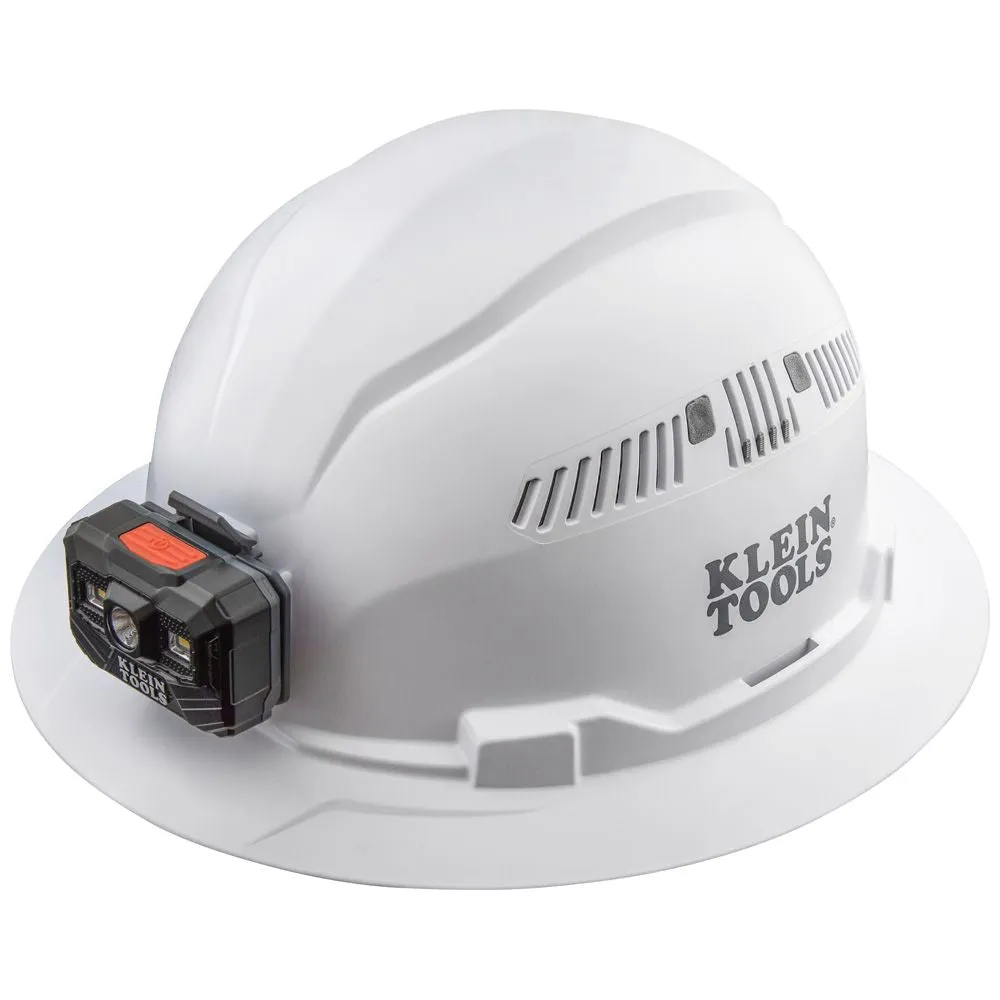 Klein Tools Hard Hat, Vented, Full Brim with Rechargeable Headlamp, White
