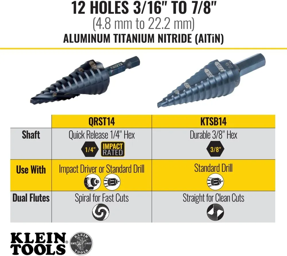 Klein Tools KTSB14 Step Drill Bit #14 Double-Fluted, 3/16 to 7/8-Inch with Easy-to-Read Step Markings and Targets, 3/8-Inch Hex Shank
