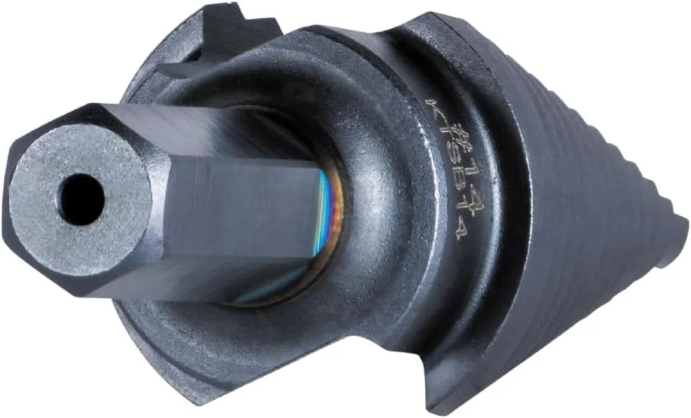 Klein Tools KTSB14 Step Drill Bit #14 Double-Fluted, 3/16 to 7/8-Inch with Easy-to-Read Step Markings and Targets, 3/8-Inch Hex Shank
