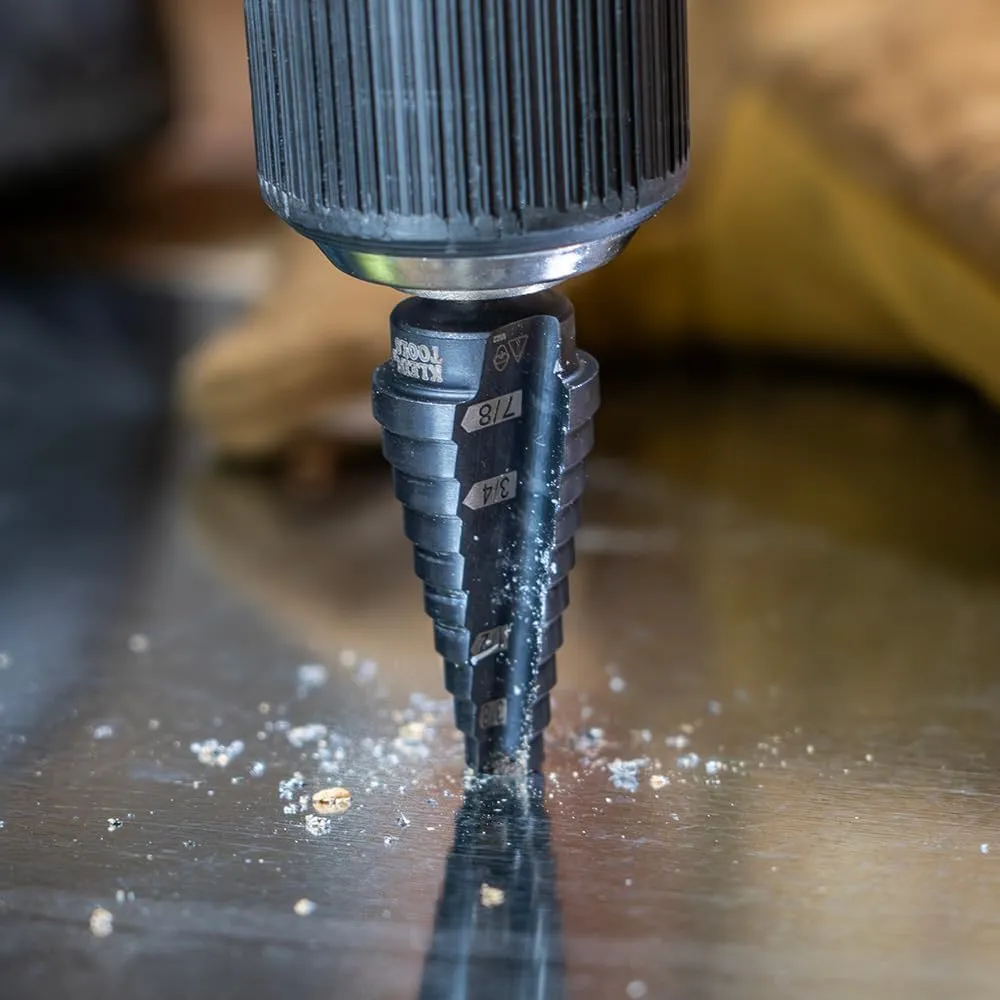 Klein Tools KTSB14 Step Drill Bit #14 Double-Fluted, 3/16 to 7/8-Inch with Easy-to-Read Step Markings and Targets, 3/8-Inch Hex Shank