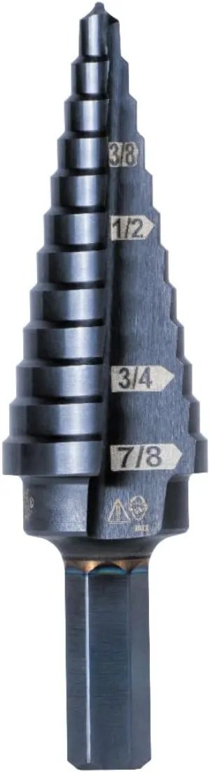 Klein Tools KTSB14 Step Drill Bit #14 Double-Fluted, 3/16 to 7/8-Inch with Easy-to-Read Step Markings and Targets, 3/8-Inch Hex Shank