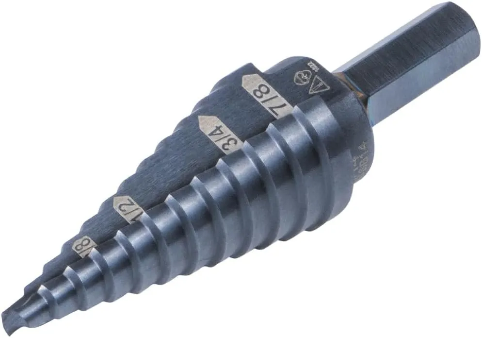 Klein Tools KTSB14 Step Drill Bit #14 Double-Fluted, 3/16 to 7/8-Inch with Easy-to-Read Step Markings and Targets, 3/8-Inch Hex Shank