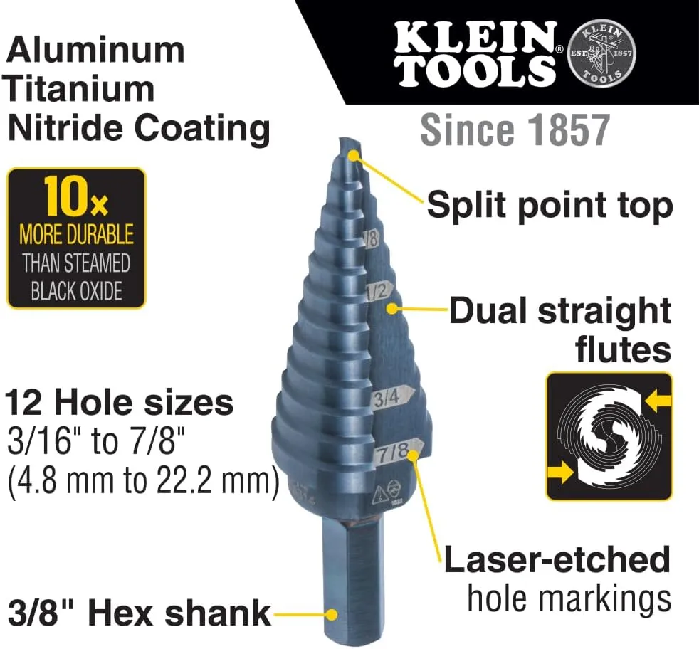 Klein Tools KTSB14 Step Drill Bit #14 Double-Fluted, 3/16 to 7/8-Inch with Easy-to-Read Step Markings and Targets, 3/8-Inch Hex Shank