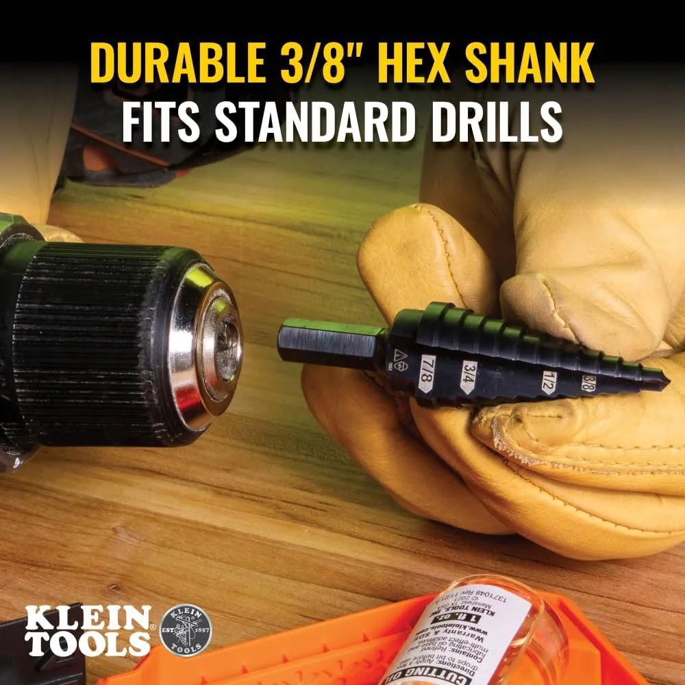 Klein Tools KTSB14 Step Drill Bit #14 Double-Fluted, 3/16 to 7/8-Inch with Easy-to-Read Step Markings and Targets, 3/8-Inch Hex Shank