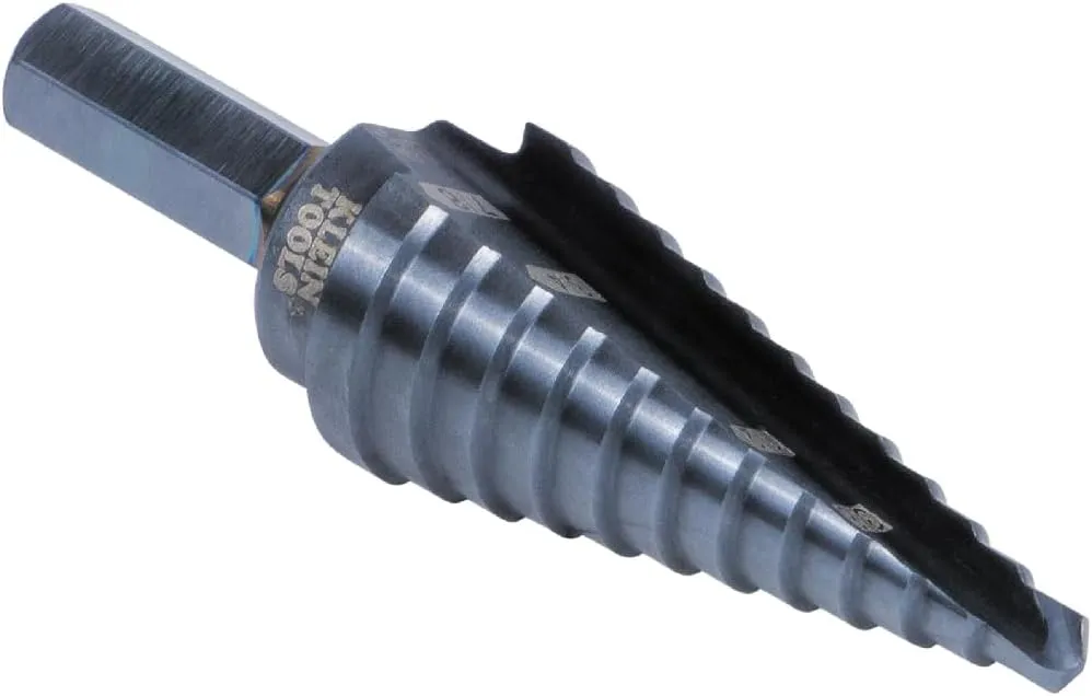 Klein Tools KTSB14 Step Drill Bit #14 Double-Fluted, 3/16 to 7/8-Inch with Easy-to-Read Step Markings and Targets, 3/8-Inch Hex Shank