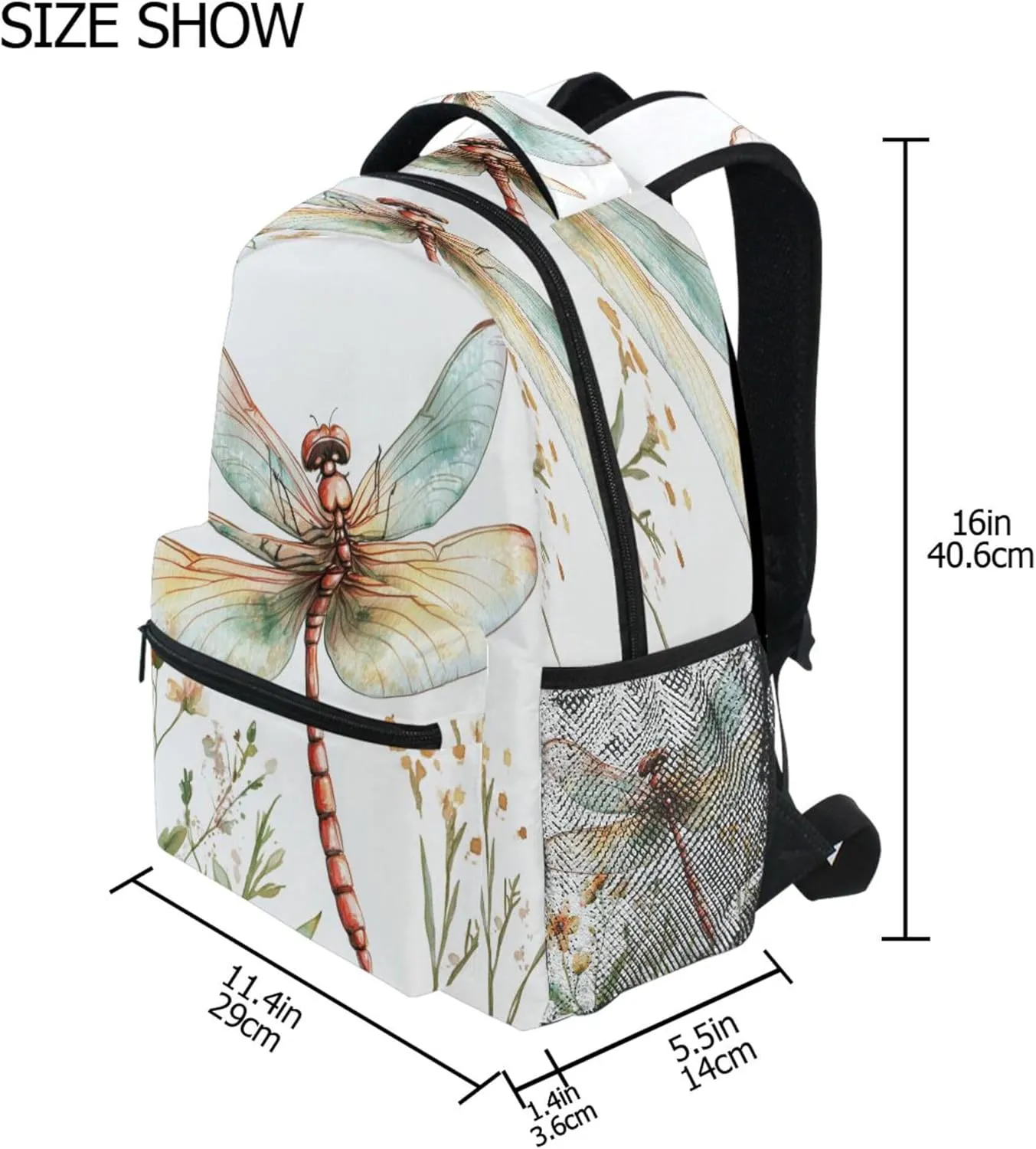 KLL Backpacks for Unisex Adult Waterproof Travel Laptop Backpack with Chest Strap for Travel Trip Cartoon Dragonfly White
