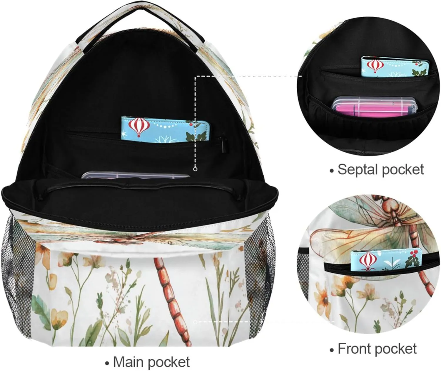 KLL Backpacks for Unisex Adult Waterproof Travel Laptop Backpack with Chest Strap for Travel Trip Cartoon Dragonfly White