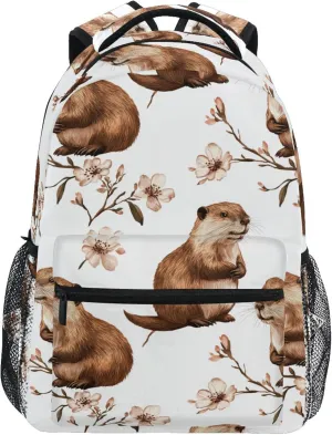 KLL Cute Backpack for Teacher Nurse Fashion Travel Laptop Backpack with Chest Strap for Travel Trip Aesthetic Beaver White