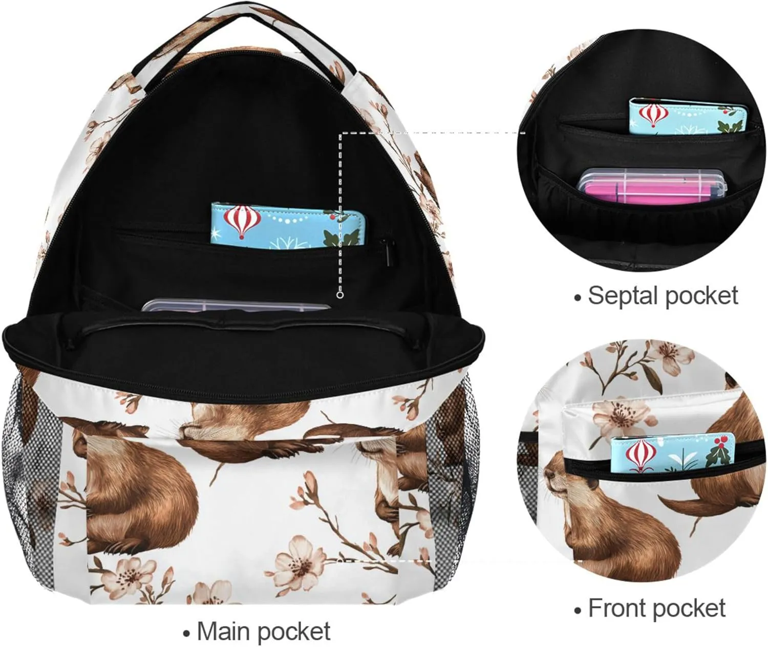 KLL Cute Backpack for Teacher Nurse Fashion Travel Laptop Backpack with Chest Strap for Travel Trip Aesthetic Beaver White