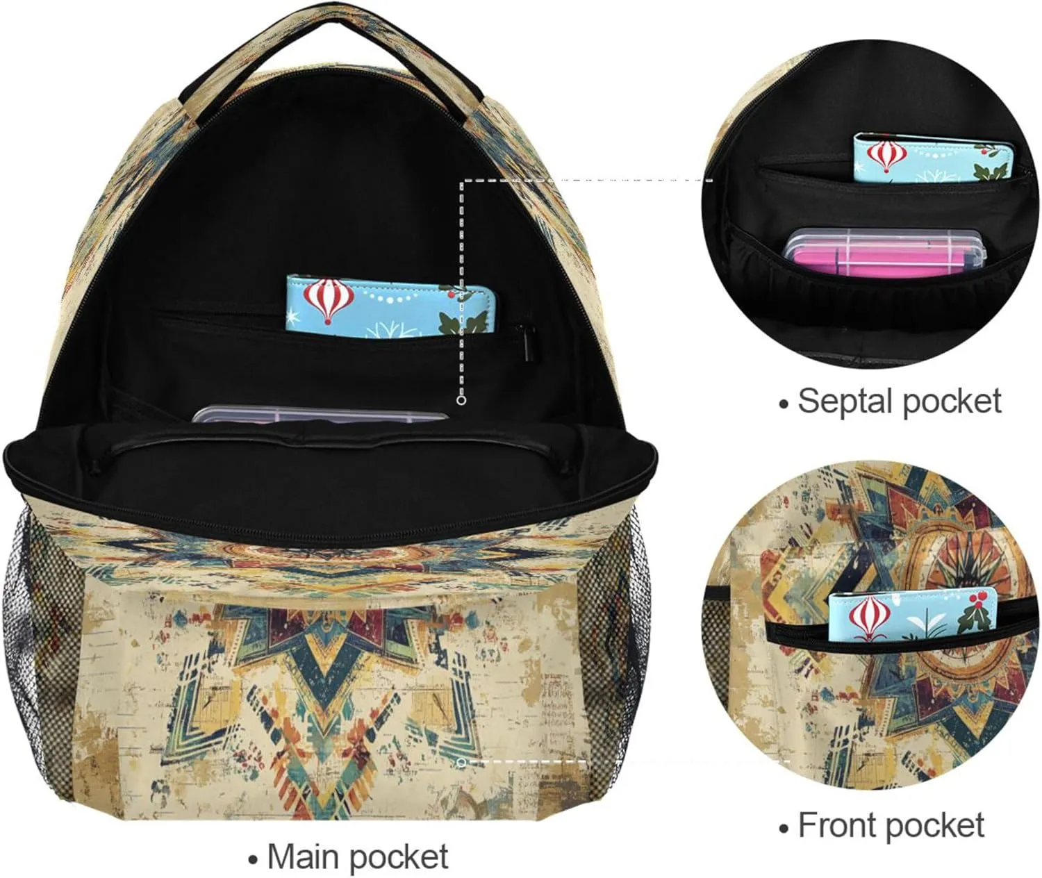 KLL Day Backpack for Men Women Waterproof Personal Backpack with Chest Strap for Travel Trip Boho Vintage Geometric Pattern