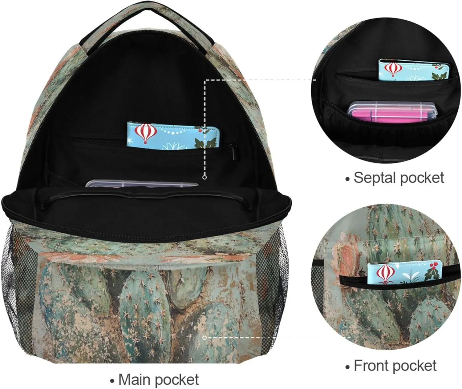 KLL Day Backpack for Women Men Fashion Personal Backpack with Chest Strap for Travel Trip Boho Vintage Cactus