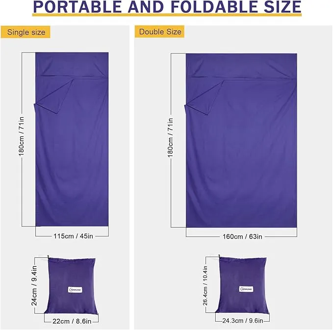 KOMUSMO Sleeping Bag Liner with Zipper, Ultralight Travel Sheets for Adults, Portable Sleep Sack Camping Sheet, Ideal for Traveling, Hiking, Tenting, Hotel and Camping