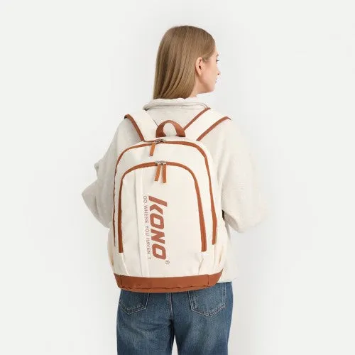 Kono Contrasting Colors Waterproof Casual Backpack With Laptop Compartment - Beige