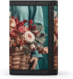 Lady Holding A Basket Trifold Wallet, Card Cases And Money Oganizer Thin Stylish Mini Coin Bag with Zipper Coin Pocket Credit for Men And Women