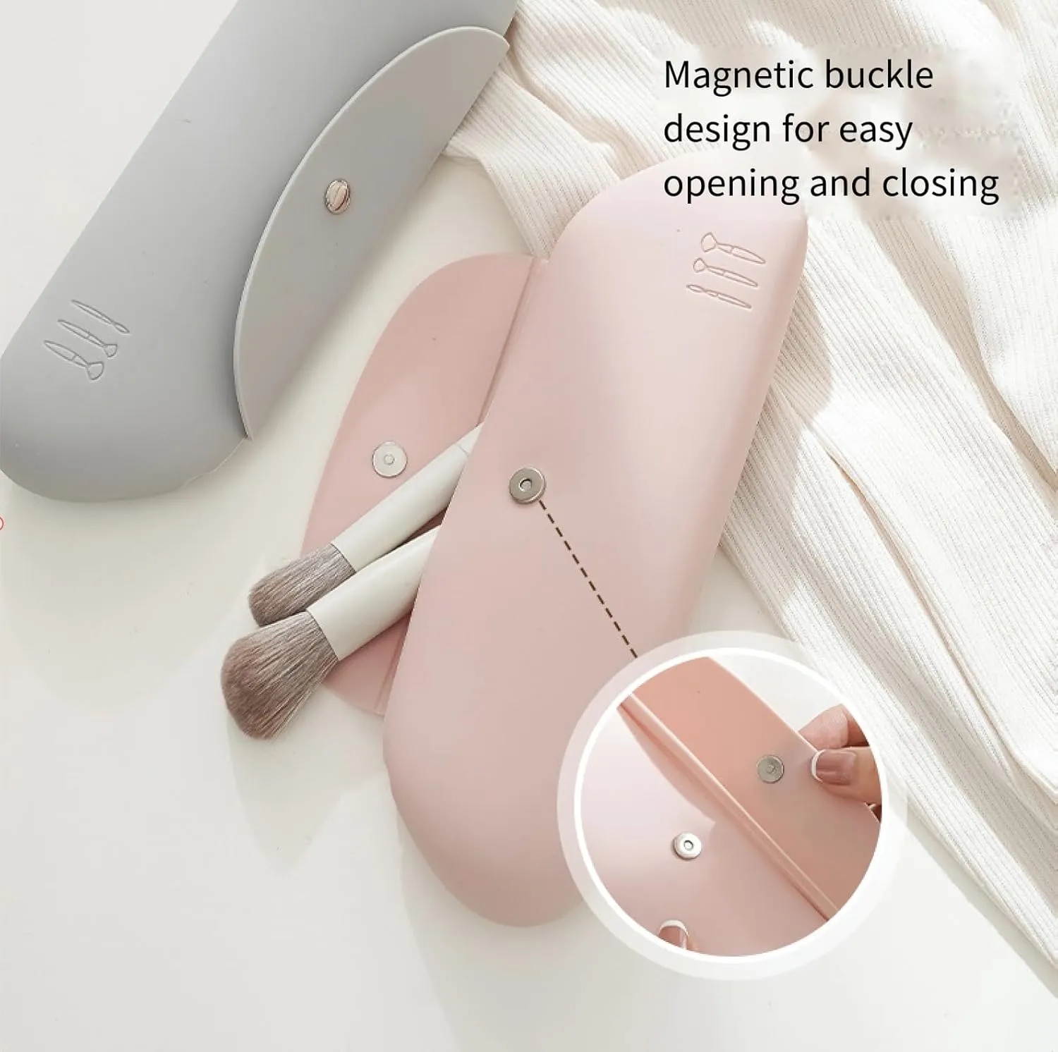 Large Capacity Travel Makeup Brush Holder, Magnetic Button Design Prevent Falling off Silicone Brushes Holder, Cosmetic Bags for Women Travel- (9.06 * 3.35 * 1.18) (Beige(Large))