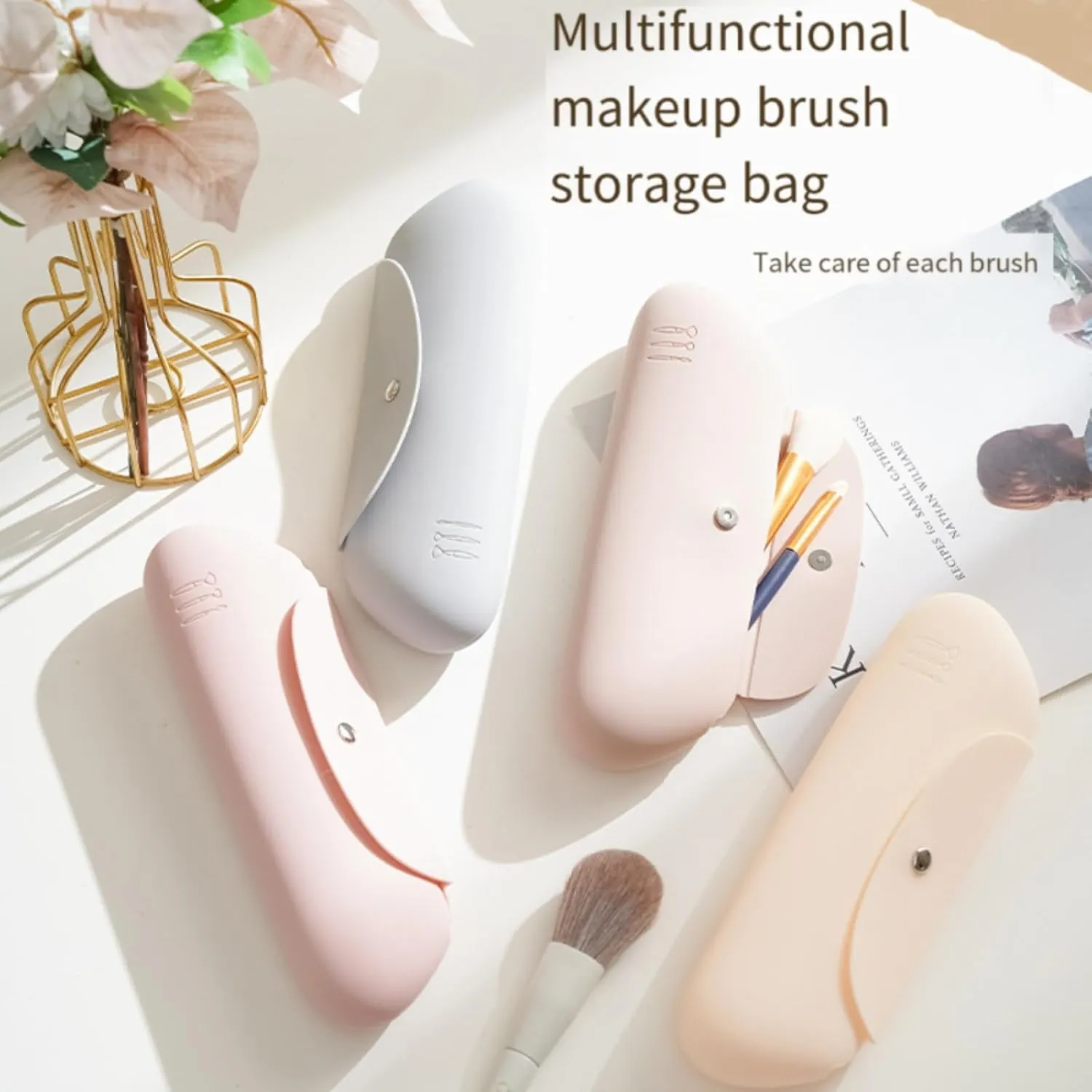 Large Capacity Travel Makeup Brush Holder, Magnetic Button Design Prevent Falling off Silicone Brushes Holder, Cosmetic Bags for Women Travel- (9.06 * 3.35 * 1.18) (Beige(Large))