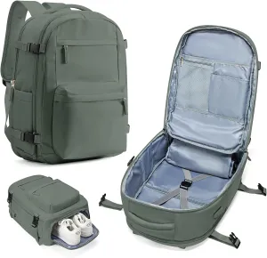Large Travel Backpack For Women Men,Mochila de Viaje,Carry On Backpack with USB Charging Port & Shoe Pouch,Airline Approved Personal Item Travel Bag,Waterproof Luggage Backpack(Green)