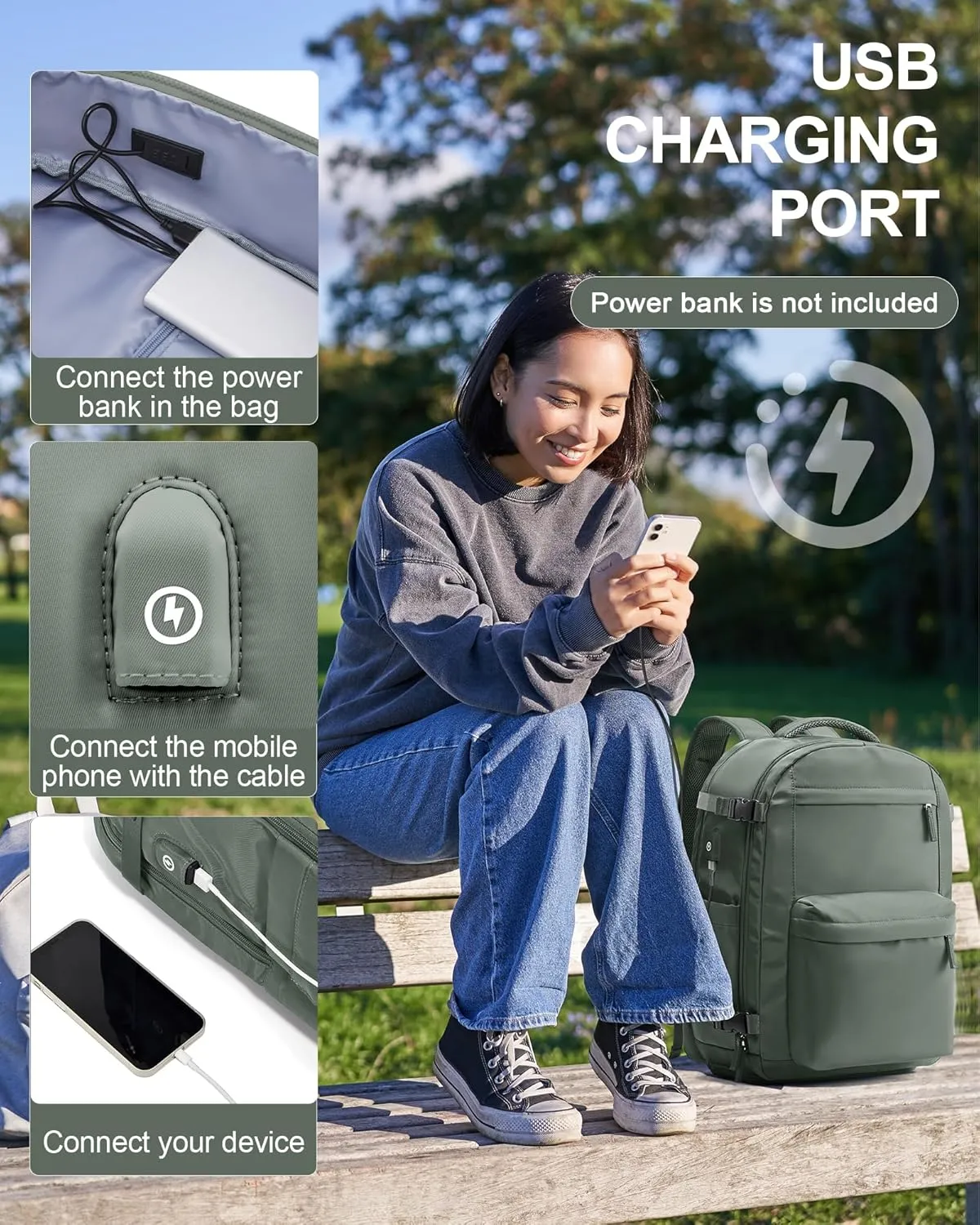 Large Travel Backpack For Women Men,Mochila de Viaje,Carry On Backpack with USB Charging Port & Shoe Pouch,Airline Approved Personal Item Travel Bag,Waterproof Luggage Backpack(Green)
