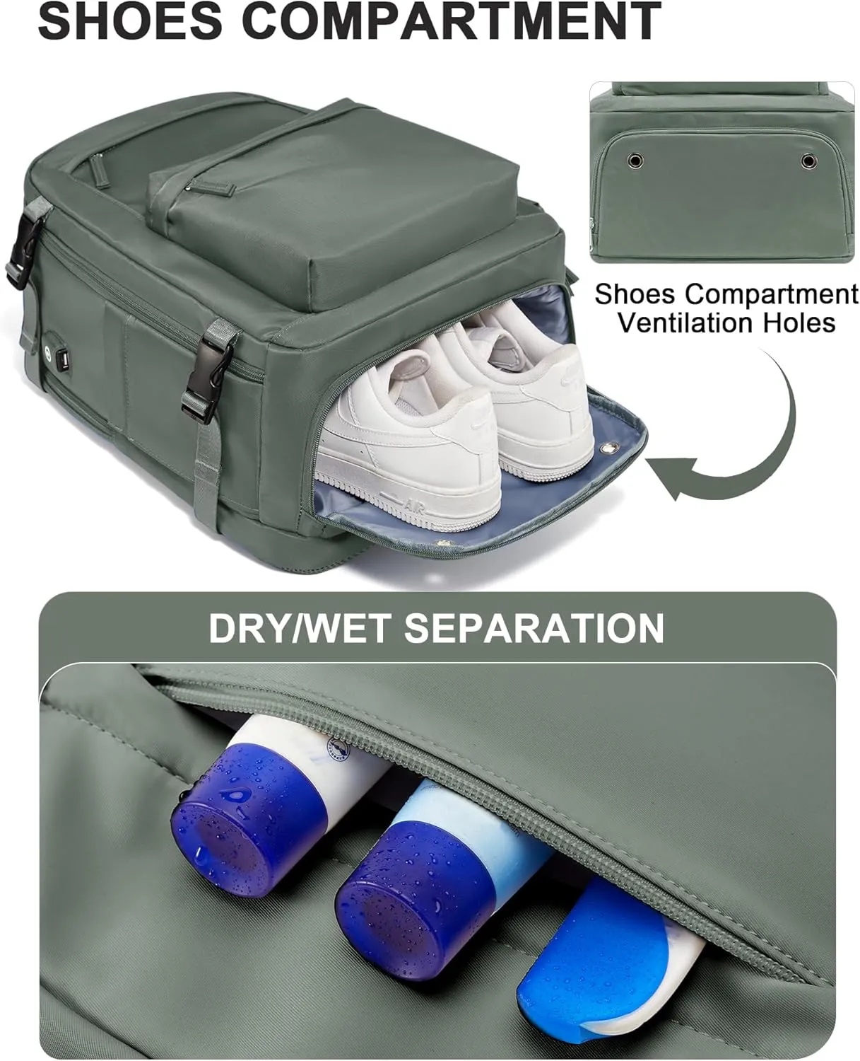 Large Travel Backpack For Women Men,Mochila de Viaje,Carry On Backpack with USB Charging Port & Shoe Pouch,Airline Approved Personal Item Travel Bag,Waterproof Luggage Backpack(Green)