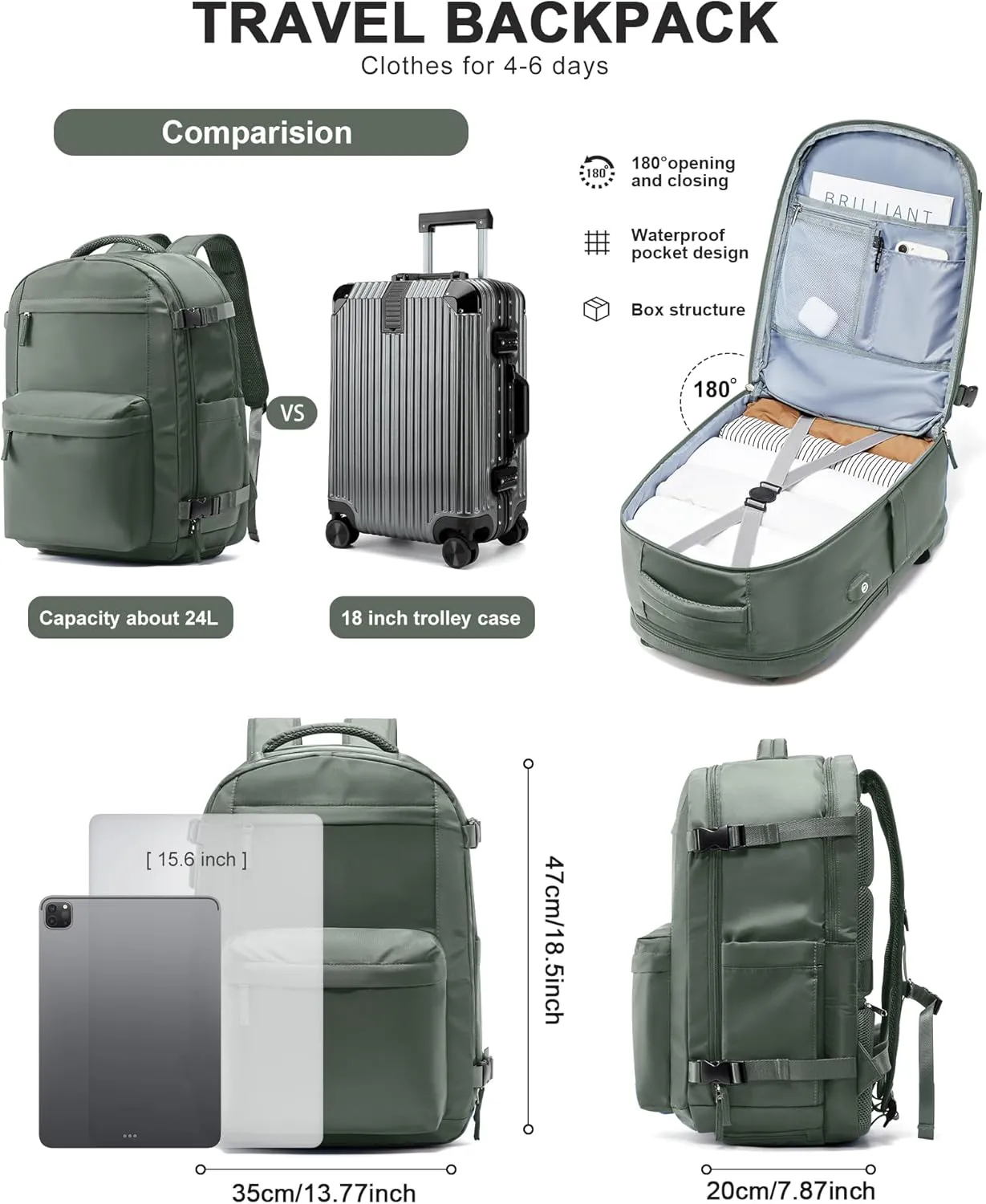 Large Travel Backpack For Women Men,Mochila de Viaje,Carry On Backpack with USB Charging Port & Shoe Pouch,Airline Approved Personal Item Travel Bag,Waterproof Luggage Backpack(Green)