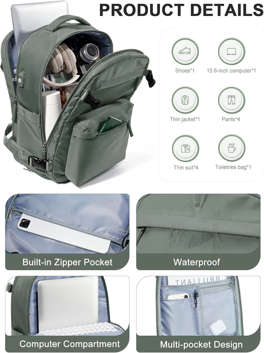 Large Travel Backpack For Women Men,Mochila de Viaje,Carry On Backpack with USB Charging Port & Shoe Pouch,Airline Approved Personal Item Travel Bag,Waterproof Luggage Backpack(Green)