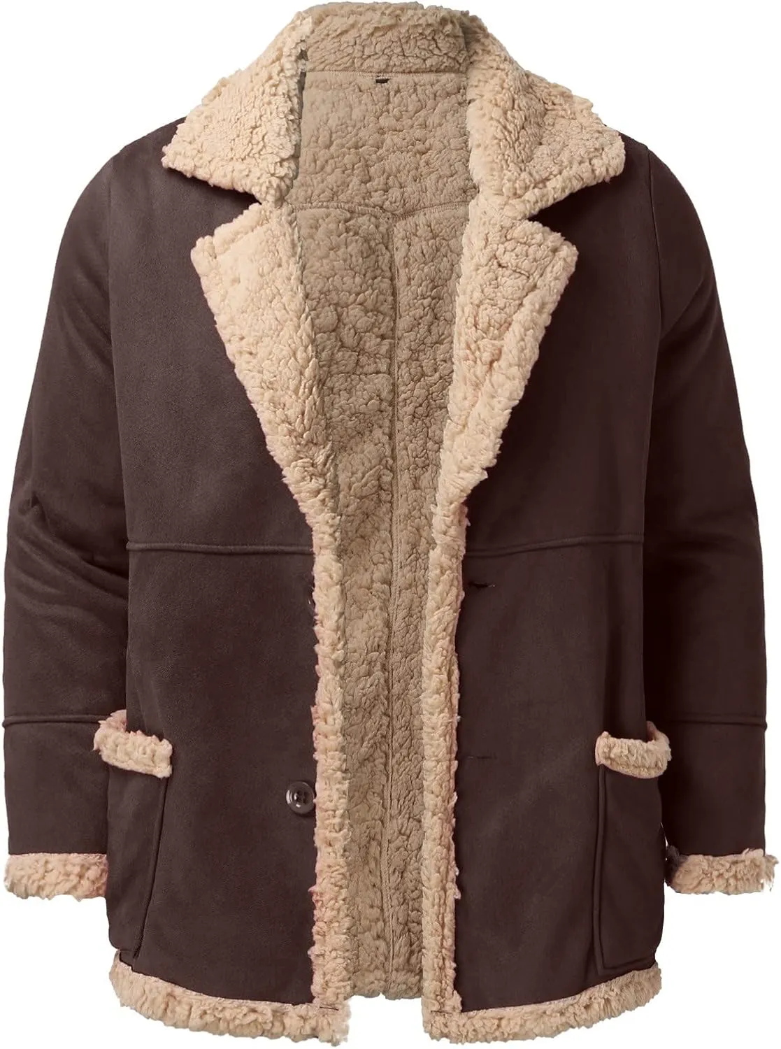 LCMTWX Men's Thick Thermal Winter Jacket Single-breasted Solid Color Lapel Long Sleeve Coat Cardigan Plush Mens Puffer