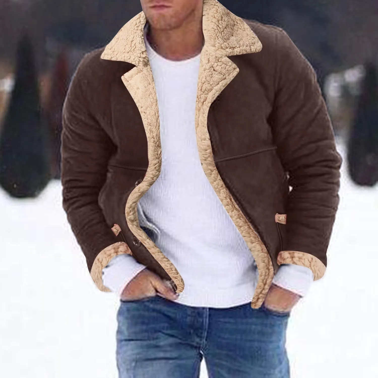 LCMTWX Men's Thick Thermal Winter Jacket Single-breasted Solid Color Lapel Long Sleeve Coat Cardigan Plush Mens Puffer