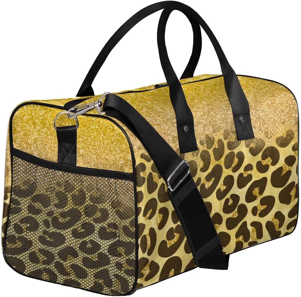 Leopard Print Travel Duffle Bag for Women Men Foldable Waterproof Weekender Bag Carry on Tote for Overnight Sports Gym Gold Glitter