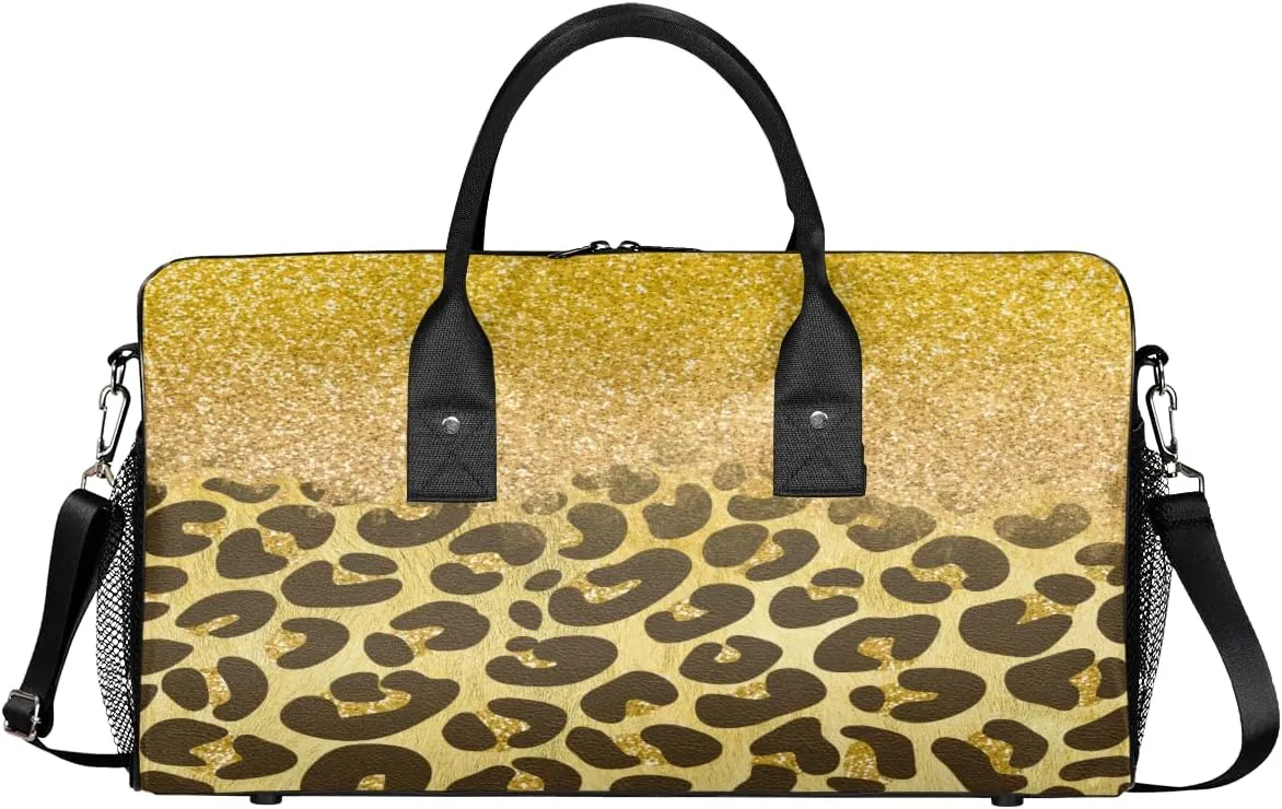 Leopard Print Travel Duffle Bag for Women Men Foldable Waterproof Weekender Bag Carry on Tote for Overnight Sports Gym Gold Glitter