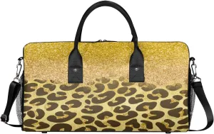 Leopard Print Travel Duffle Bag for Women Men Foldable Waterproof Weekender Bag Carry on Tote for Overnight Sports Gym Gold Glitter