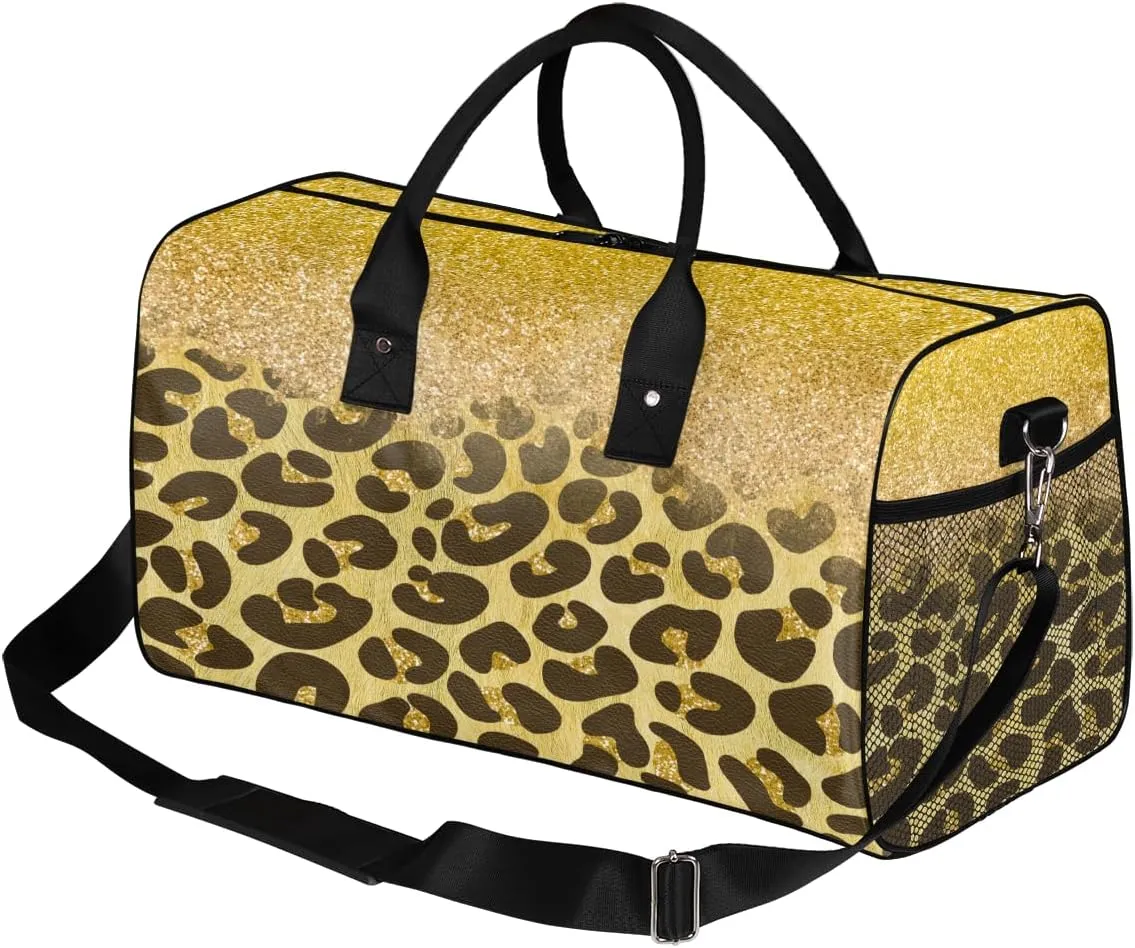Leopard Print Travel Duffle Bag for Women Men Foldable Waterproof Weekender Bag Carry on Tote for Overnight Sports Gym Gold Glitter