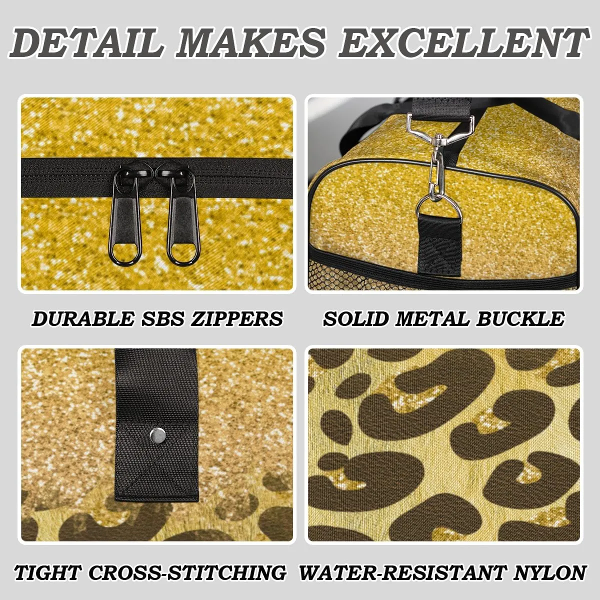 Leopard Print Travel Duffle Bag for Women Men Foldable Waterproof Weekender Bag Carry on Tote for Overnight Sports Gym Gold Glitter